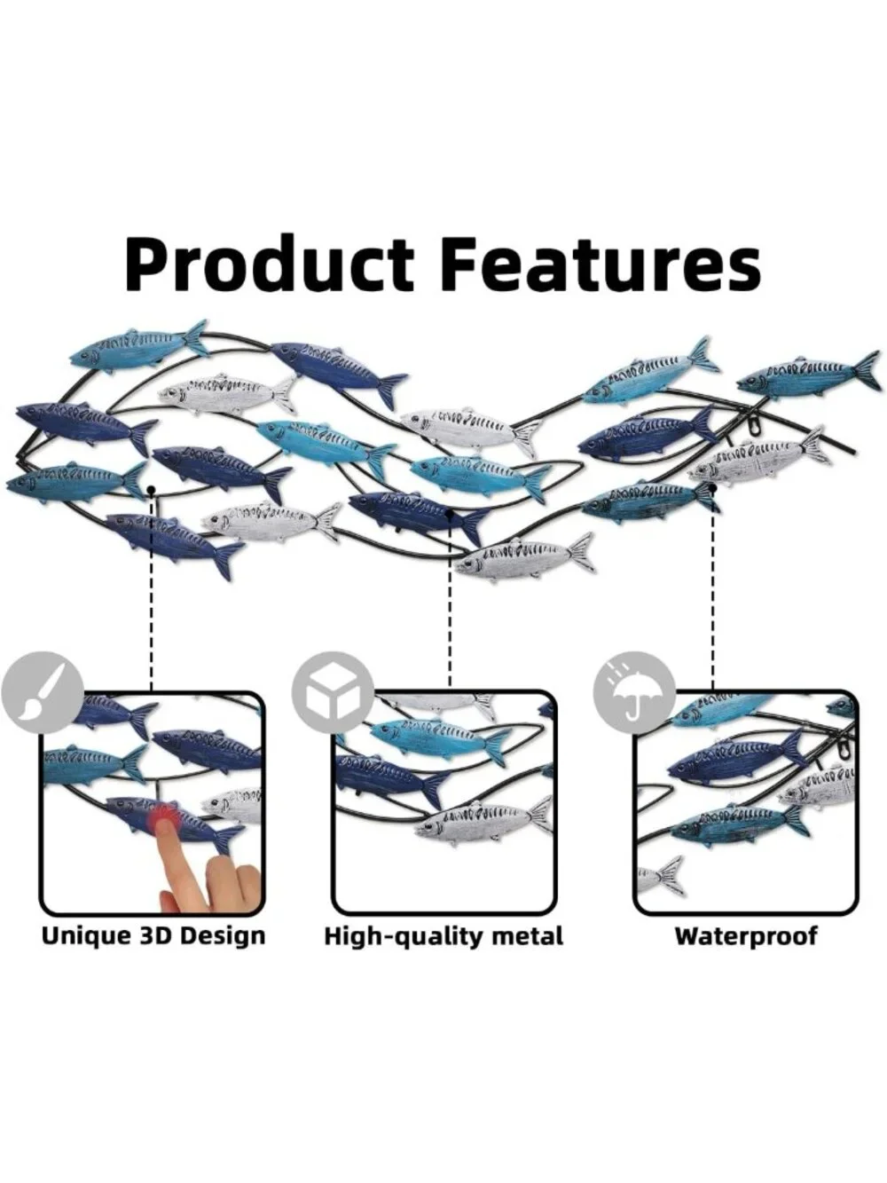 Large Nautical Metal Fish Wall Art - 3D Coastal Decor for Living Room & Beach